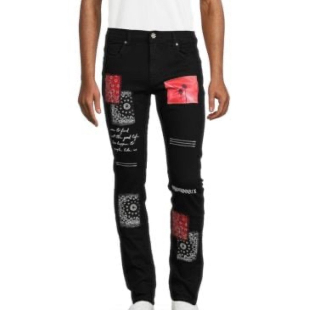 FWRD Denim Jeans Black Red‎ Bandana Patch Slim Fit Alt Y2K Revival Edgy Size 36